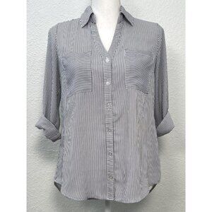 BY & BY Womens SMALL White/Navy Striped Roll-Tab Sleeve Semi-Sheer BLOUSE EUC